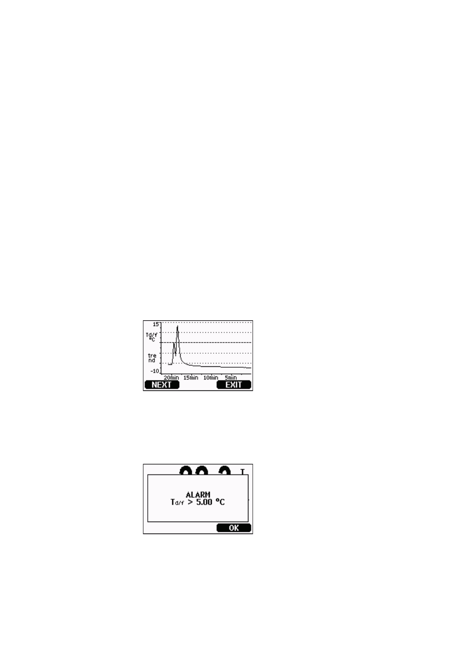 Display alarms, Figure 52, Alarm limits shown on graph screen | Figure 53, Display alarm active | Vaisala DMT340 User Manual | Page 79 / 191