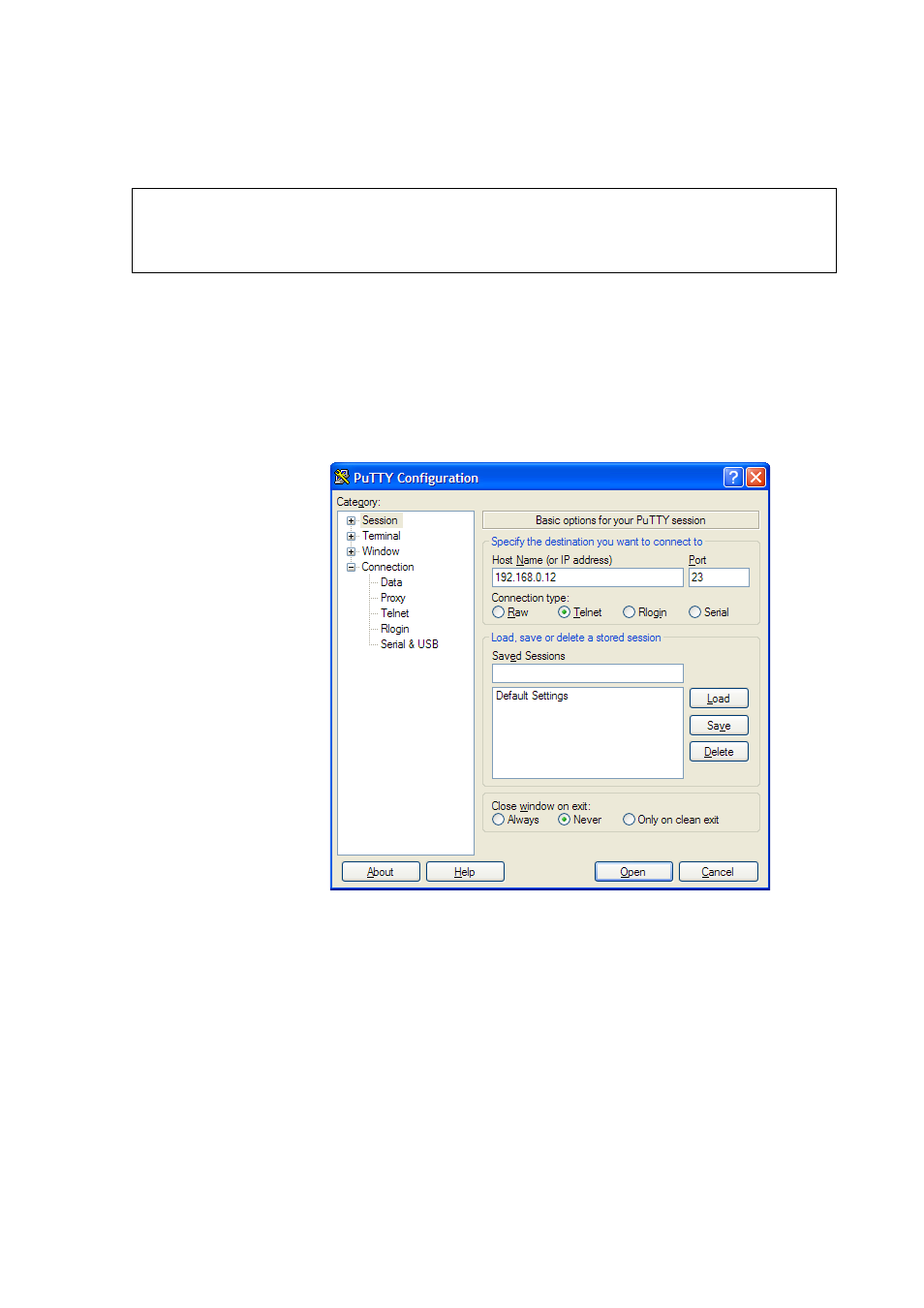 Opening a telnet session (lan/wlan), Figure 65, Opening a telnet connection | Vaisala DMT340 User Manual | Page 97 / 191