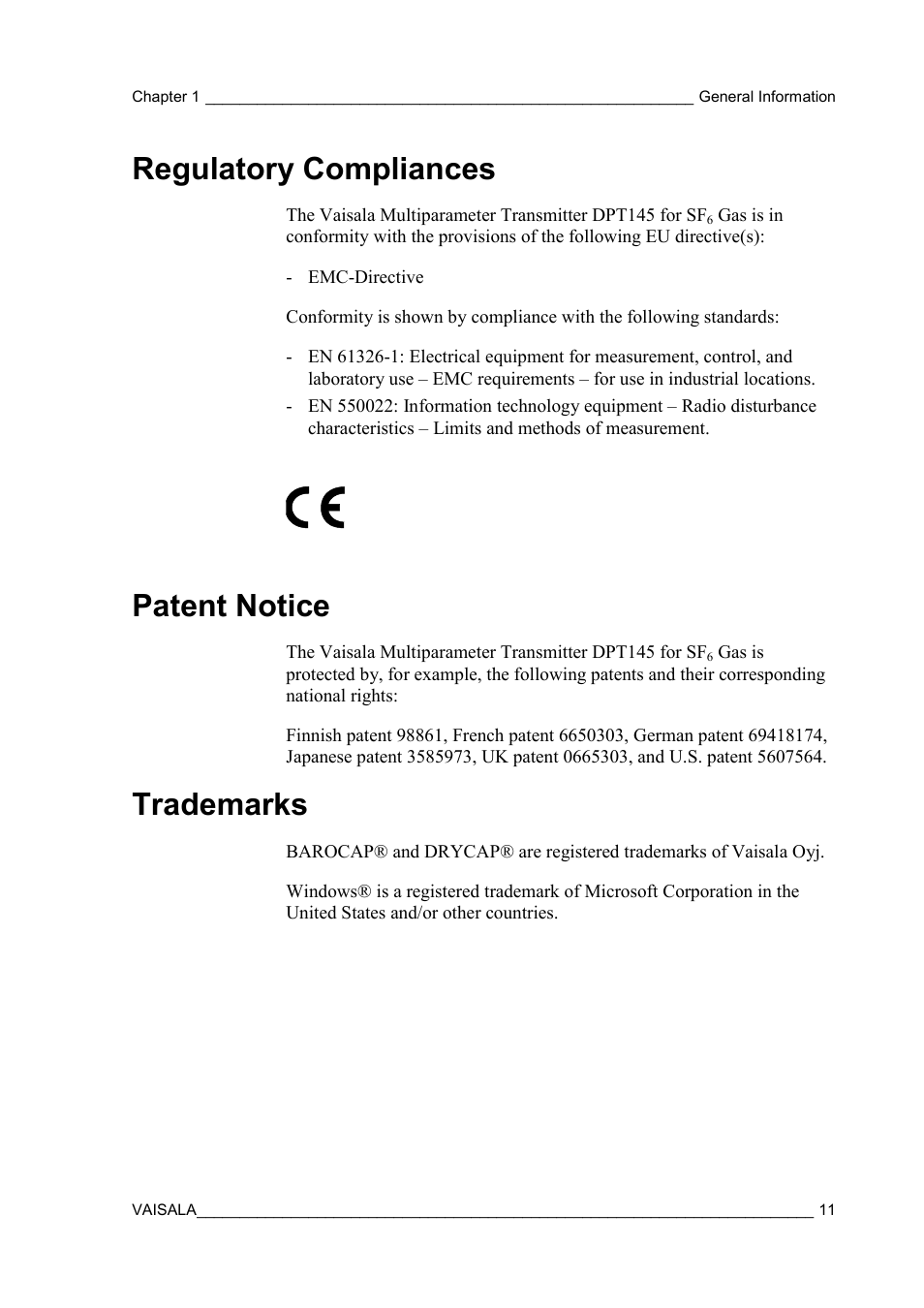 Regulatory compliances, Patent notice, Trademarks | Vaisala DPT145 User Manual | Page 11 / 63