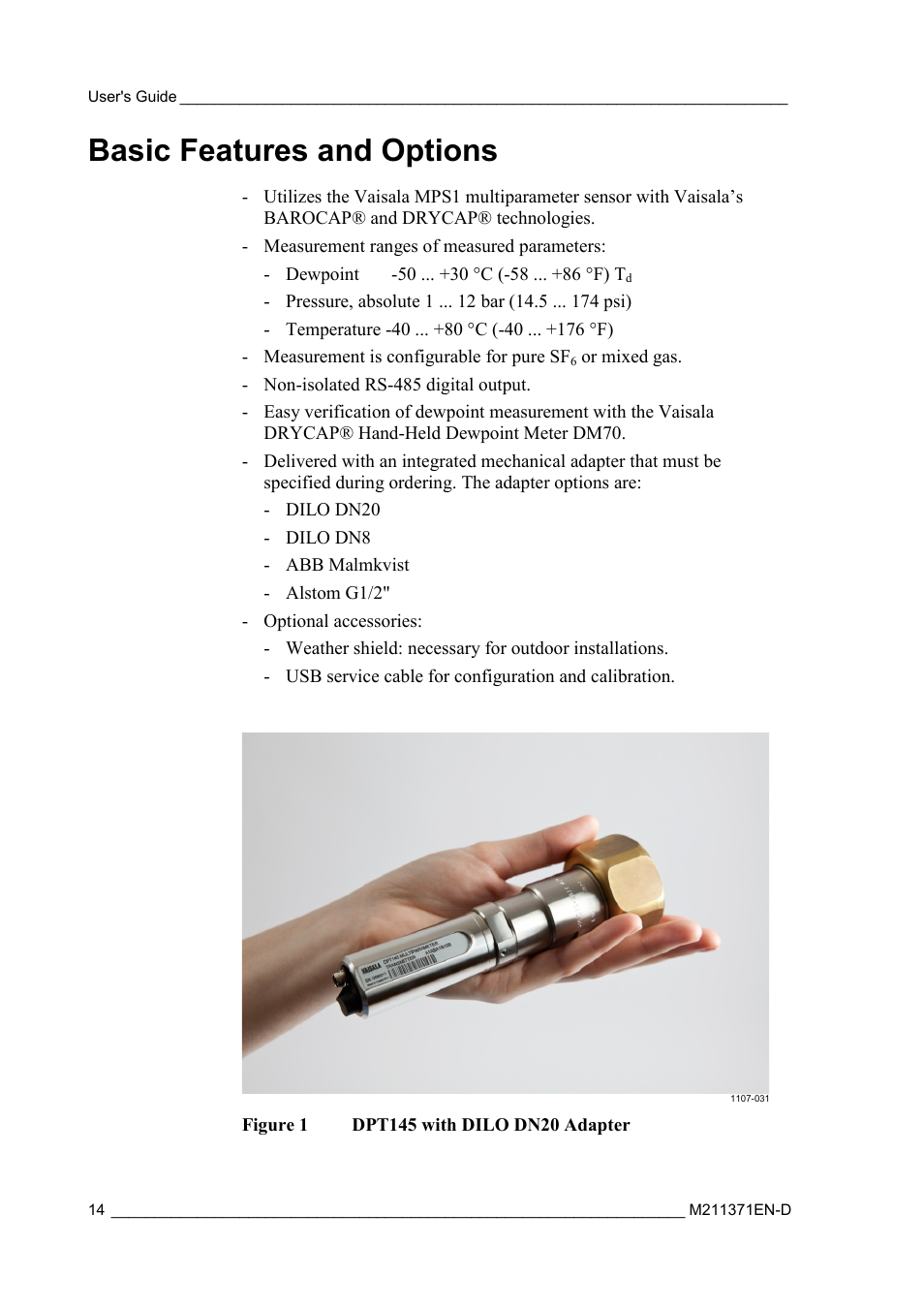 Basic features and options, Figure 1, Dpt145 with dilo dn20 adapter | Vaisala DPT145 User Manual | Page 14 / 63
