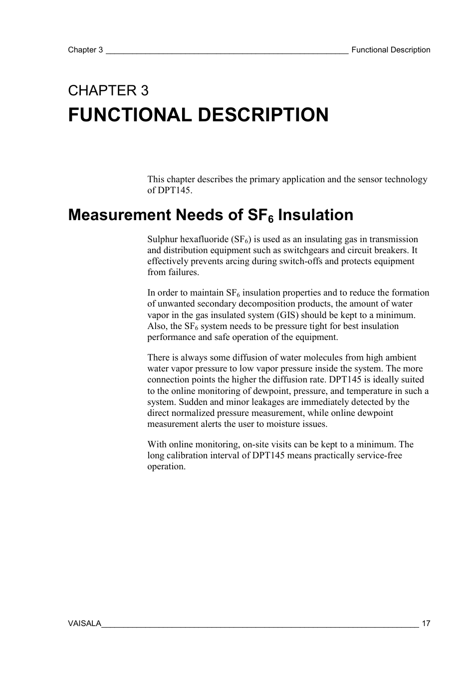 Functional description, Measurement needs of sf6 insulation, Chapter 3 | Measurement needs of sf, Insulation, And the sensor technology of dpt145 | Vaisala DPT145 User Manual | Page 17 / 63