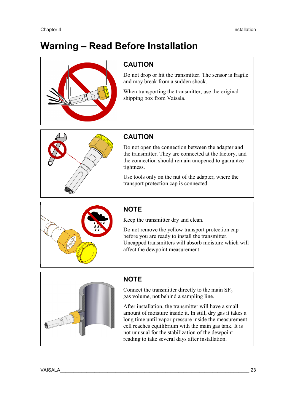 Warning – read before installation, Caution | Vaisala DPT145 User Manual | Page 23 / 63