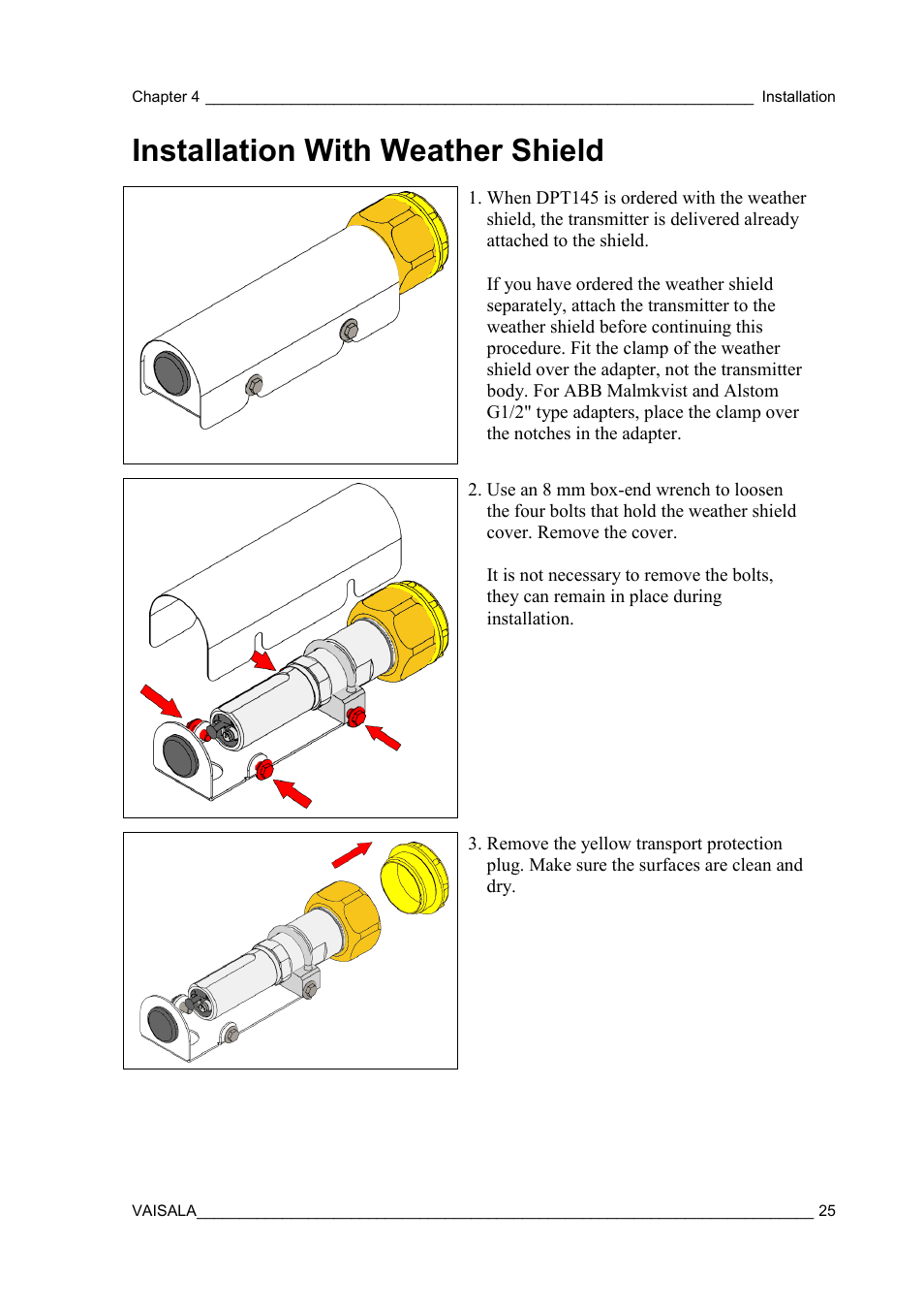 Installation with weather shield | Vaisala DPT145 User Manual | Page 25 / 63