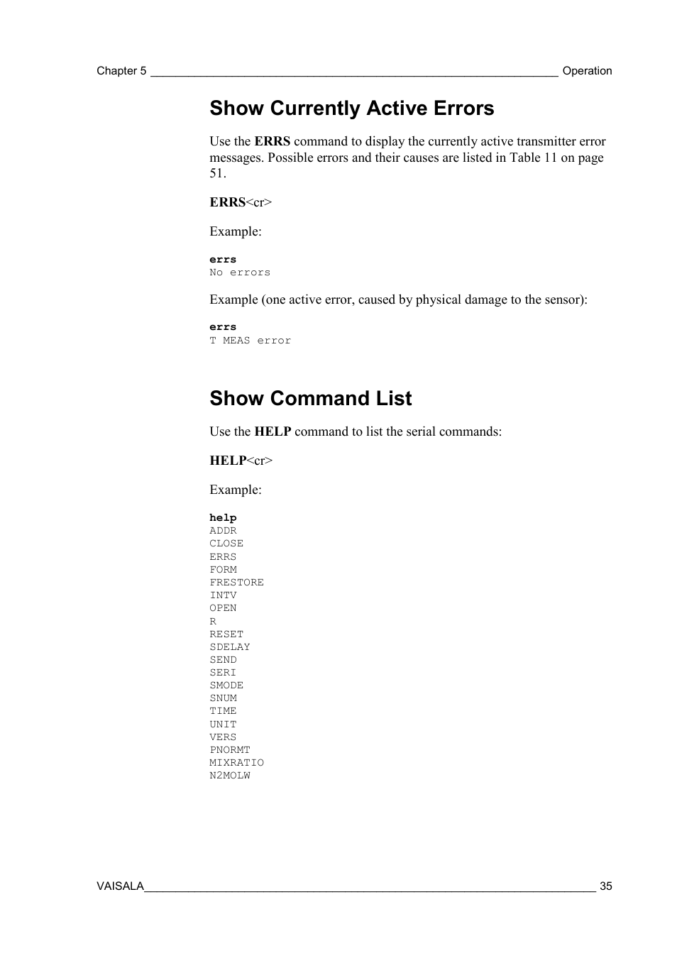 Show currently active errors, Show command list | Vaisala DPT145 User Manual | Page 35 / 63