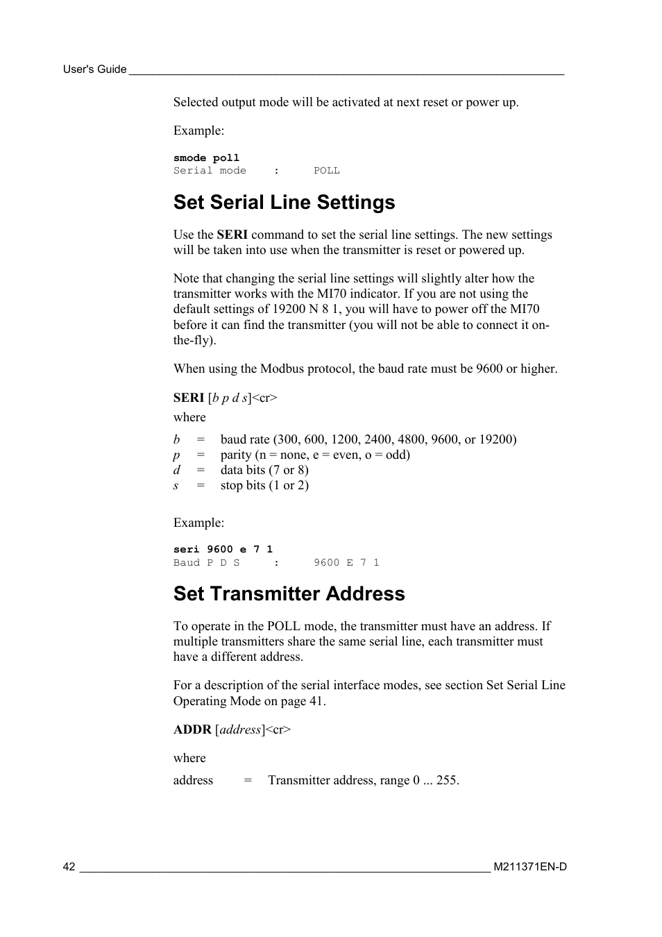 Set serial line settings, Set transmitter address | Vaisala DPT145 User Manual | Page 42 / 63