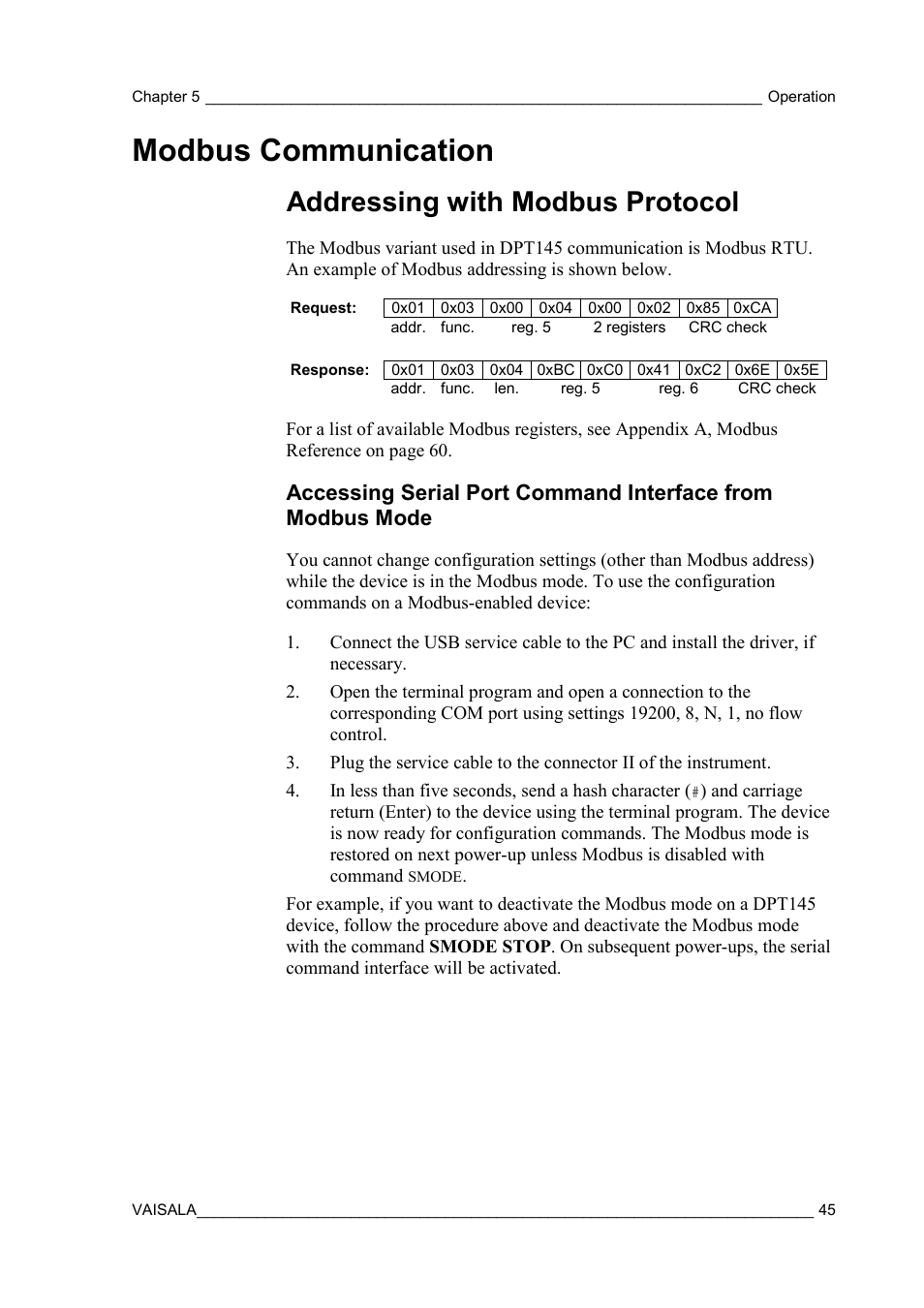 Modbus communication, Addressing with modbus protocol, Accessing serial port command interface from | Modbus mode | Vaisala DPT145 User Manual | Page 45 / 63