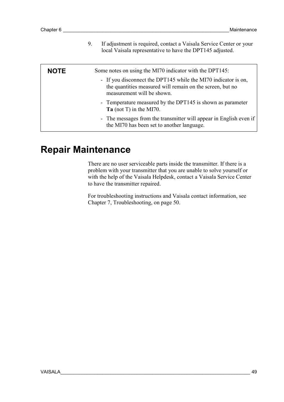 Repair maintenance | Vaisala DPT145 User Manual | Page 49 / 63