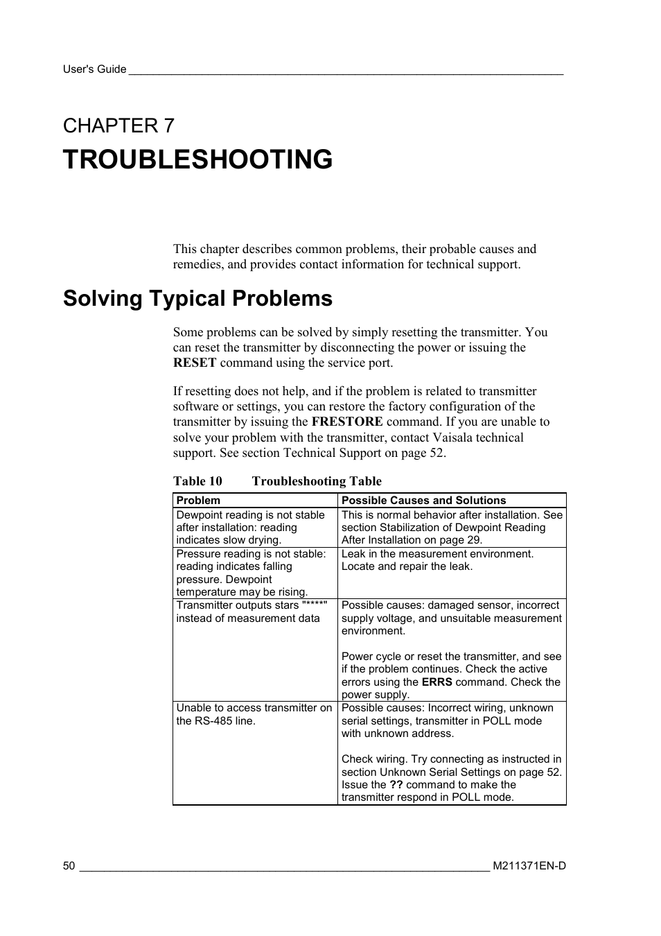 Troubleshooting, Solving typical problems, Chapter 7 | Table 10, Troubleshooting table, Chapter 7, troubleshooting | Vaisala DPT145 User Manual | Page 50 / 63