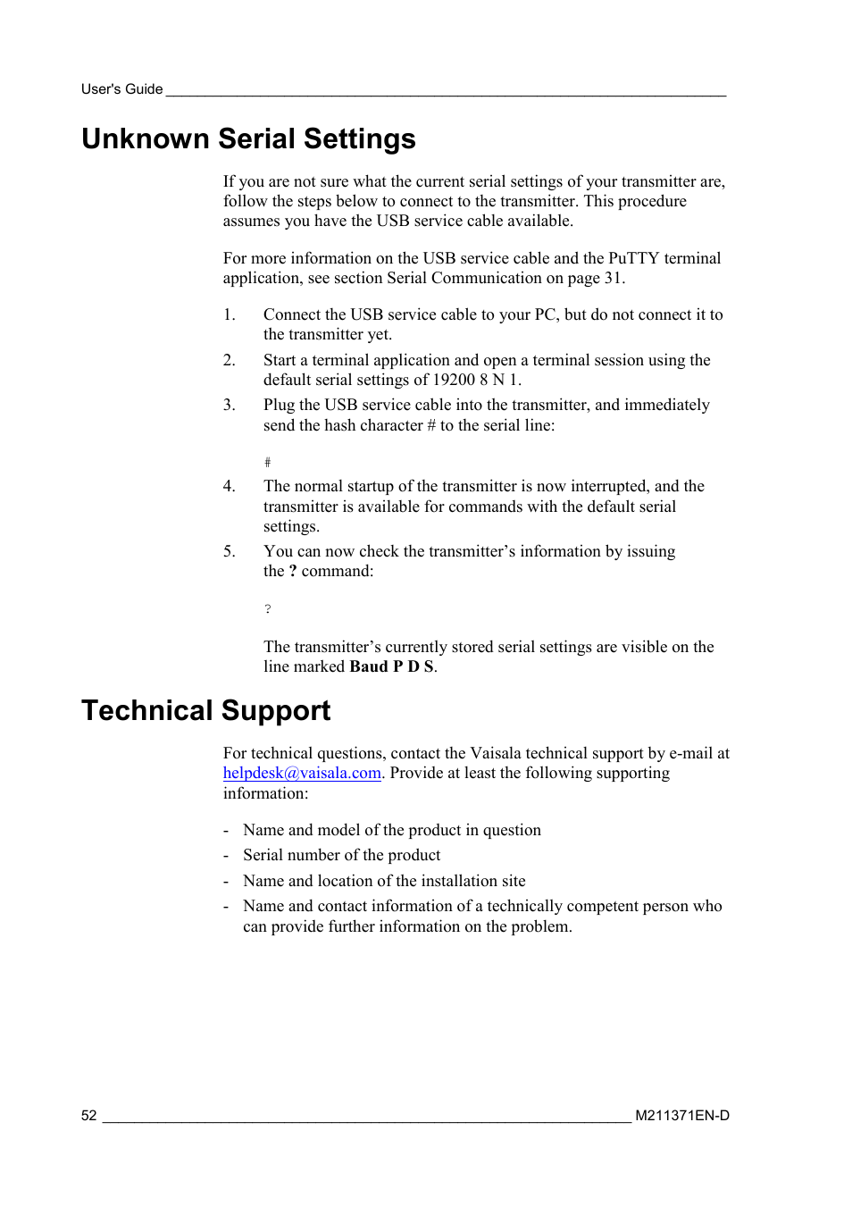 Unknown serial settings, Technical support, On unknown serial settings | Vaisala DPT145 User Manual | Page 52 / 63