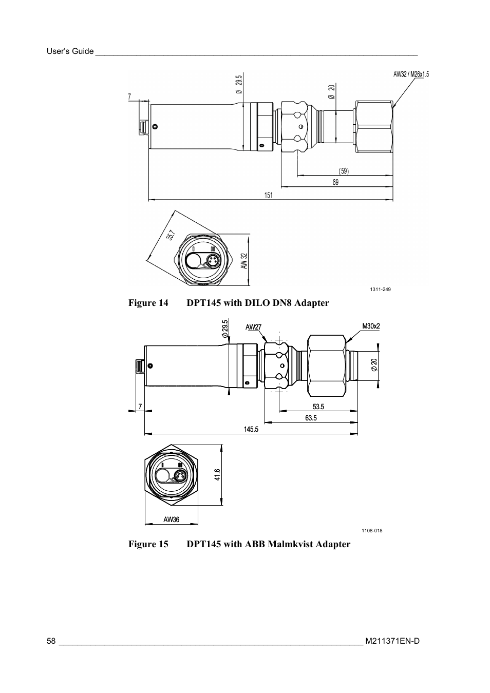 Figure 13, Dpt145 with dilo dn8 adapter, Figure 14 | Dpt145 with abb malmkvist adapter | Vaisala DPT145 User Manual | Page 58 / 63