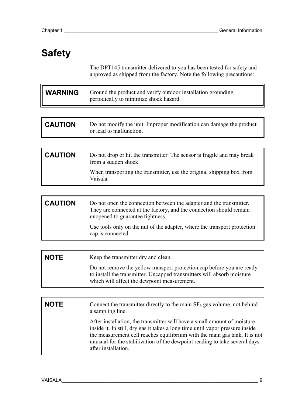 Safety | Vaisala DPT145 User Manual | Page 9 / 63