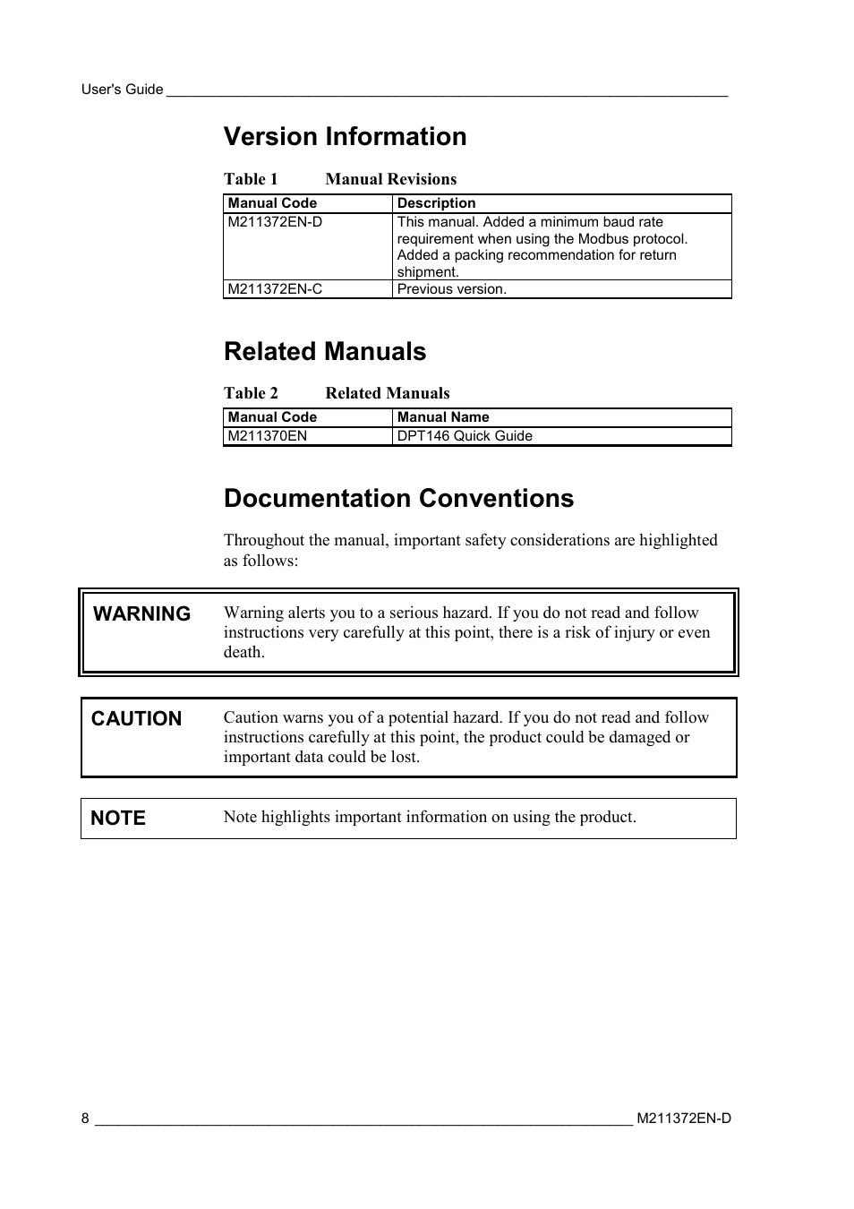 Version information, Related manuals, Documentation conventions | Table 1, Manual revisions, Table 2, Warning, Caution | Vaisala DPT146 User Manual | Page 10 / 71