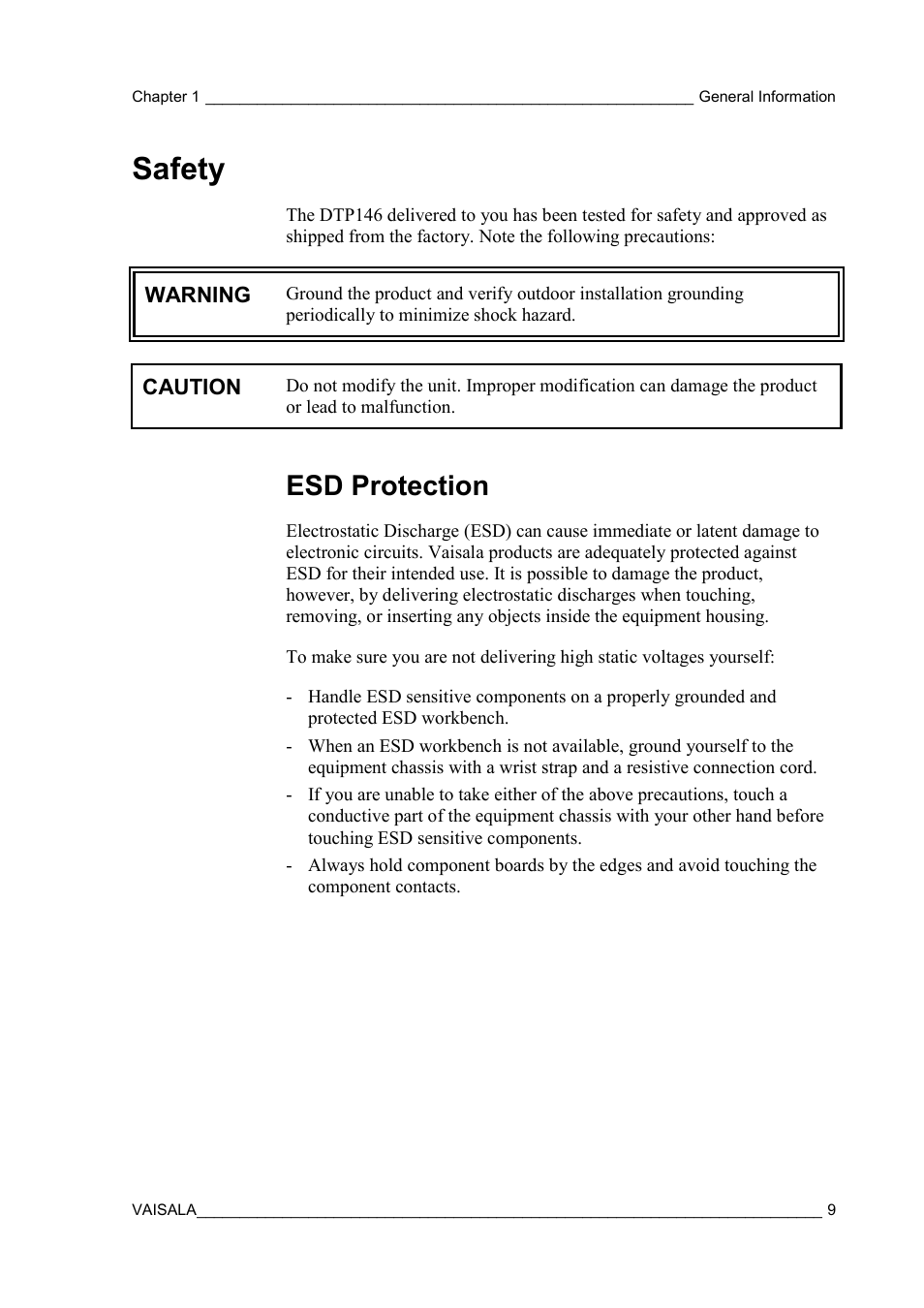 Safety, Esd protection | Vaisala DPT146 User Manual | Page 11 / 71