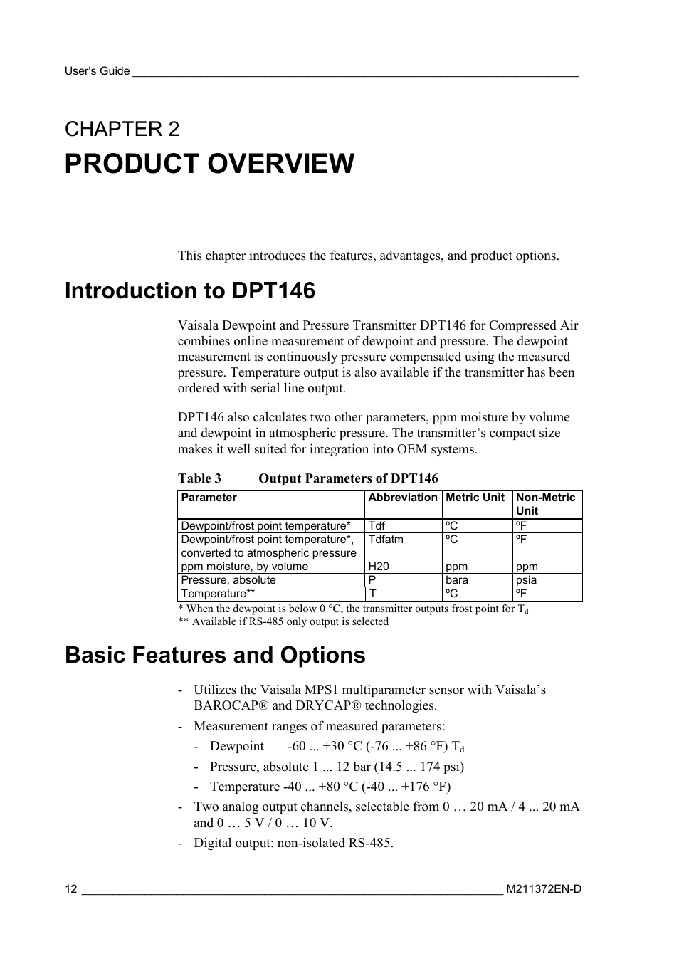 Product overview, Introduction to dpt146, Basic features and options | Chapter 2, Table 3, Output parameters of dpt146, Chapter 2, product overview | Vaisala DPT146 User Manual | Page 14 / 71