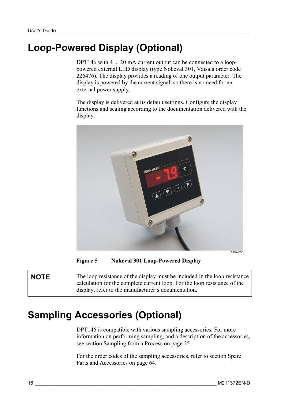 Loop-powered display (optional), Sampling accessories (optional), Figure 5 | Nokeval 301 loop-powered display | Vaisala DPT146 User Manual | Page 18 / 71