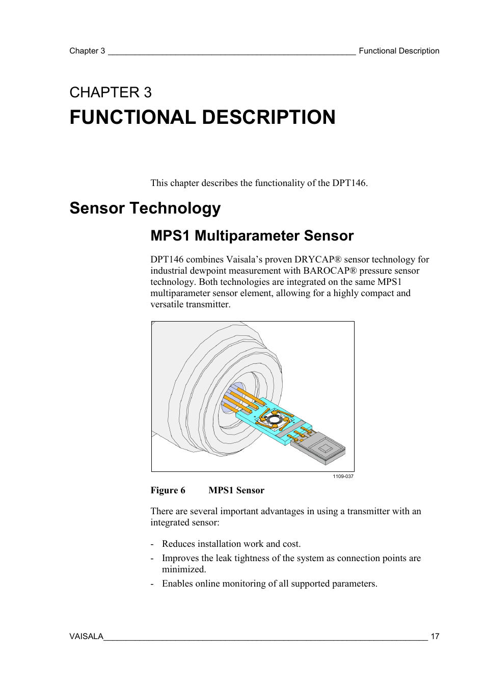 Functional description, Sensor technology, Mps1 multiparameter sensor | Chapter 3, Figure 6, Mps1 sensor, Dpt146 | Vaisala DPT146 User Manual | Page 19 / 71