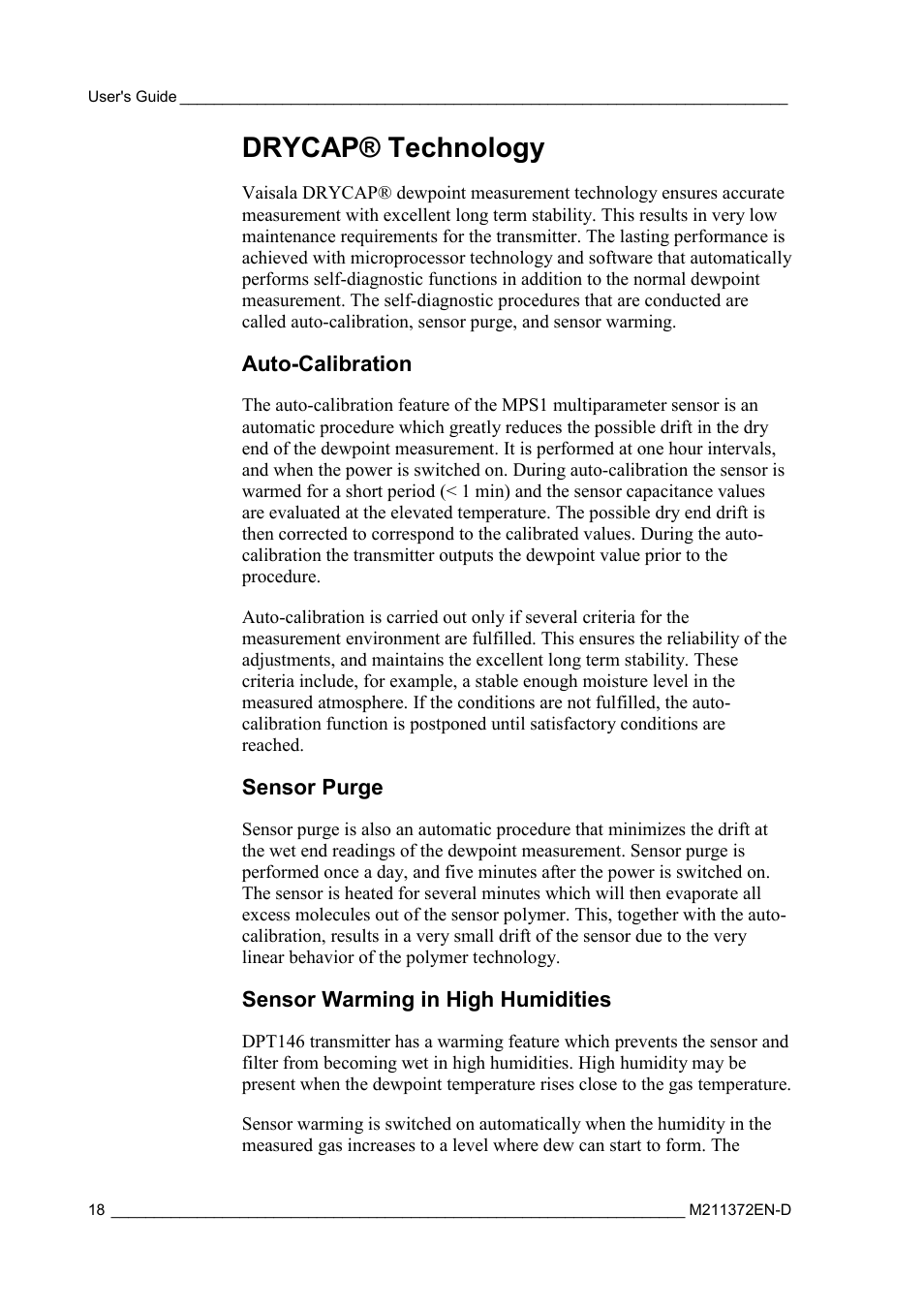 Drycap® technology, Auto-calibration, Sensor purge | Sensor warming in high humidities | Vaisala DPT146 User Manual | Page 20 / 71