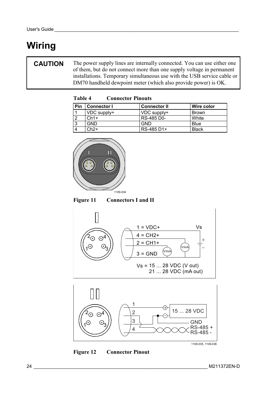 Wiring, Figure 11, Connectors i and ii | Figure 12, Connector pinout, Table 4, Connector pinouts, Caution | Vaisala DPT146 User Manual | Page 26 / 71