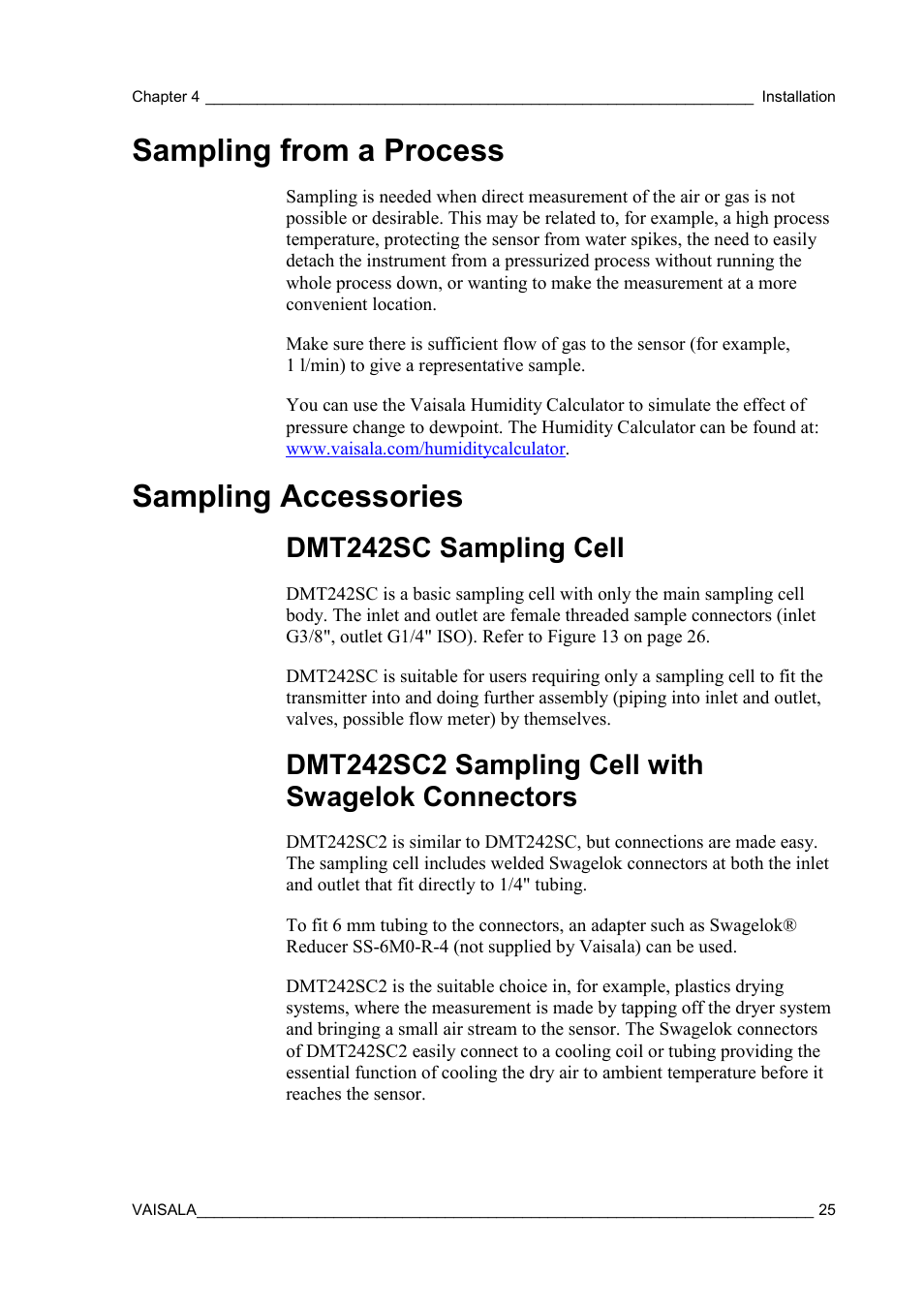 Sampling from a process, Sampling accessories, Dmt242sc sampling cell | Dmt242sc2 sampling cell with swagelok connectors | Vaisala DPT146 User Manual | Page 27 / 71