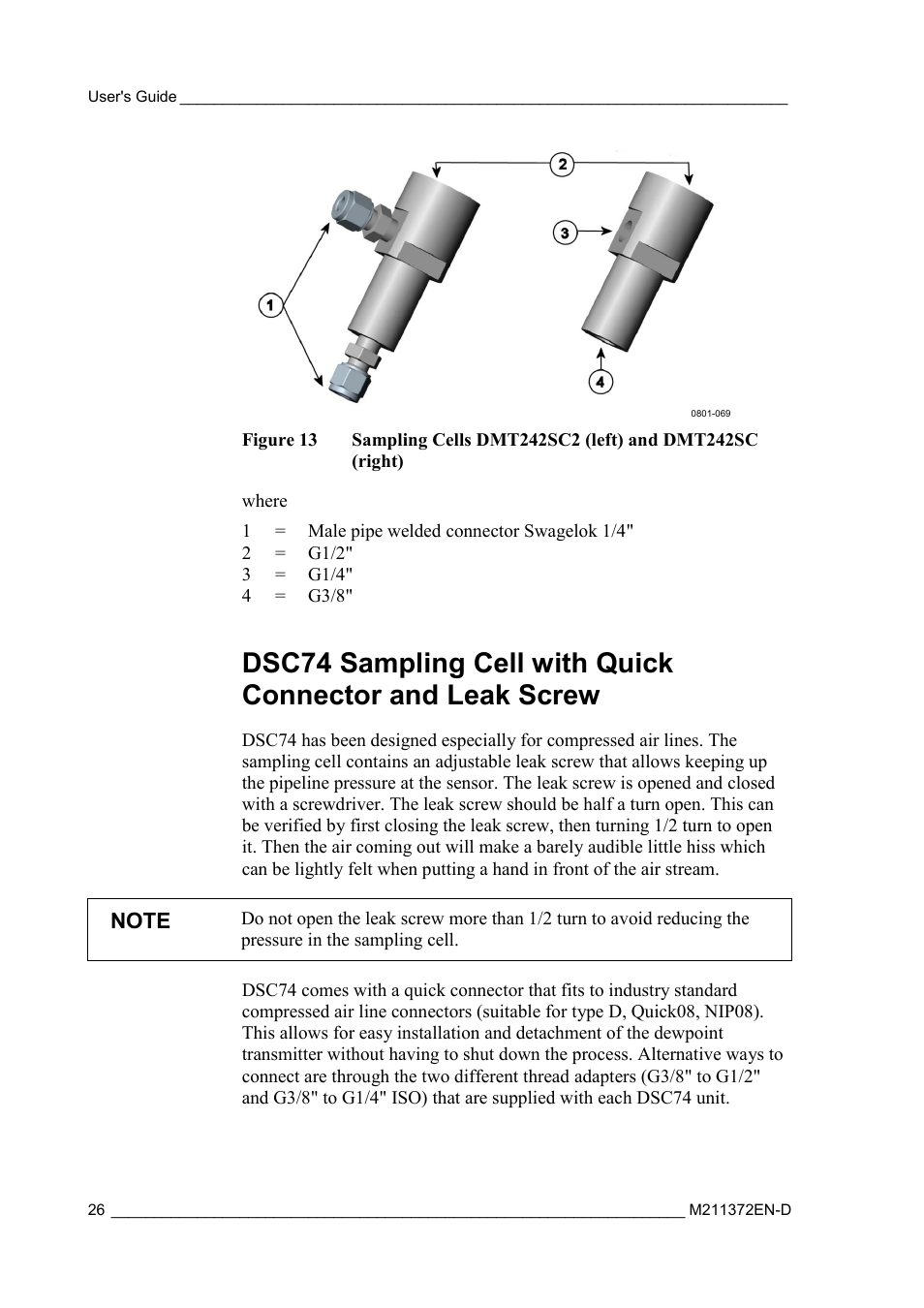 Dsc74 sampling cell with quick connector and leak, Screw, Figure 13 | Vaisala DPT146 User Manual | Page 28 / 71