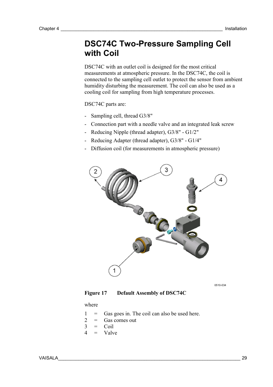 Dsc74c two-pressure sampling cell with coil, Figure 17, Default assembly of dsc74c | Vaisala DPT146 User Manual | Page 31 / 71