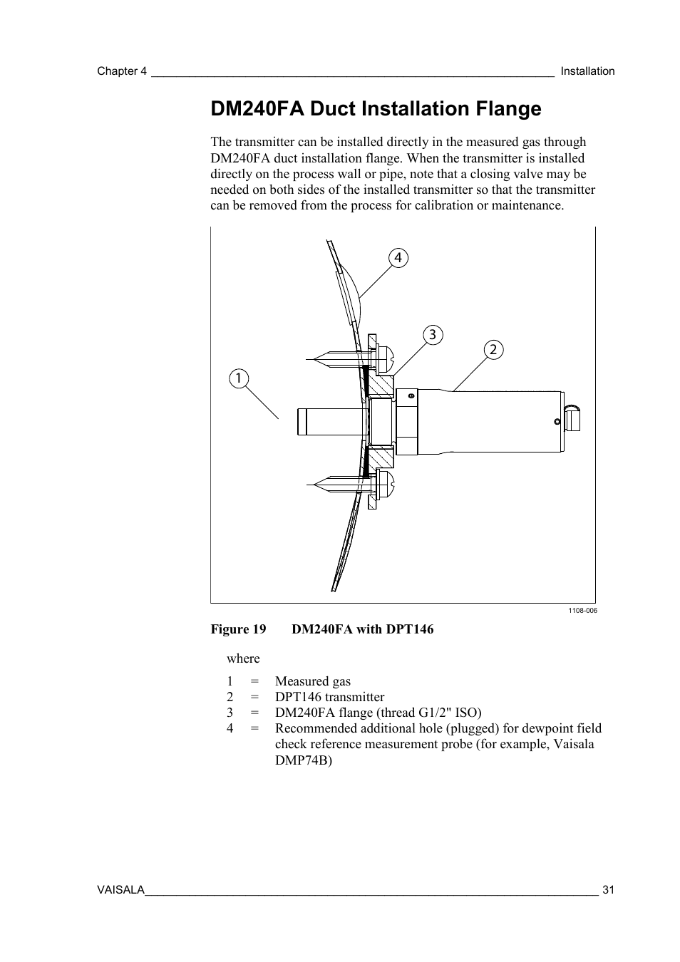 Dm240fa duct installation flange, Figure 19, Dm240fa with dpt146 | Vaisala DPT146 User Manual | Page 33 / 71