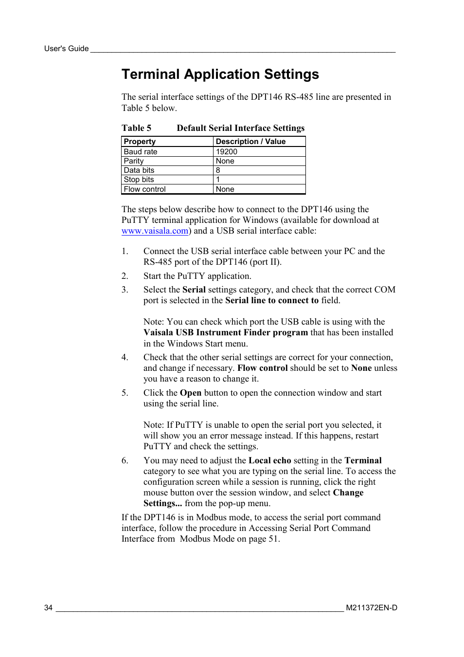 Terminal application settings, Table 5, Default serial interface settings | Vaisala DPT146 User Manual | Page 36 / 71