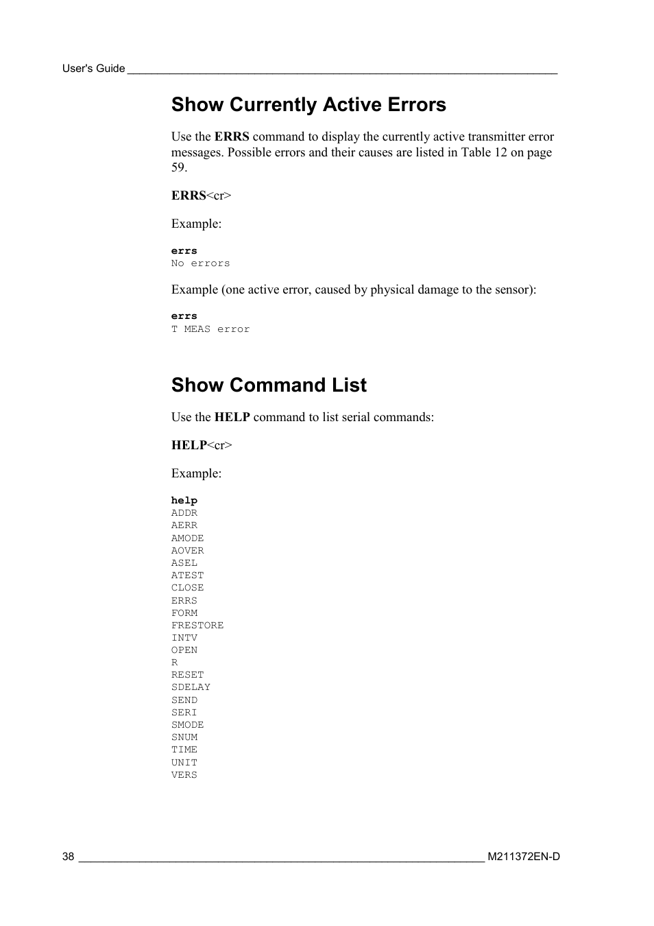 Show currently active errors, Show command list | Vaisala DPT146 User Manual | Page 40 / 71