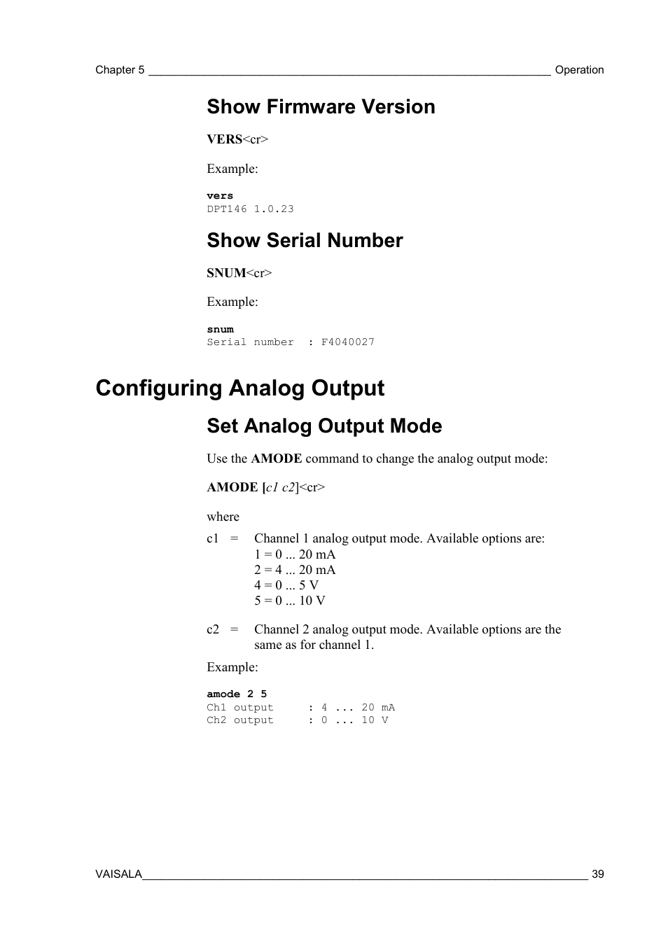 Show firmware version, Show serial number, Configuring analog output | Set analog output mode | Vaisala DPT146 User Manual | Page 41 / 71