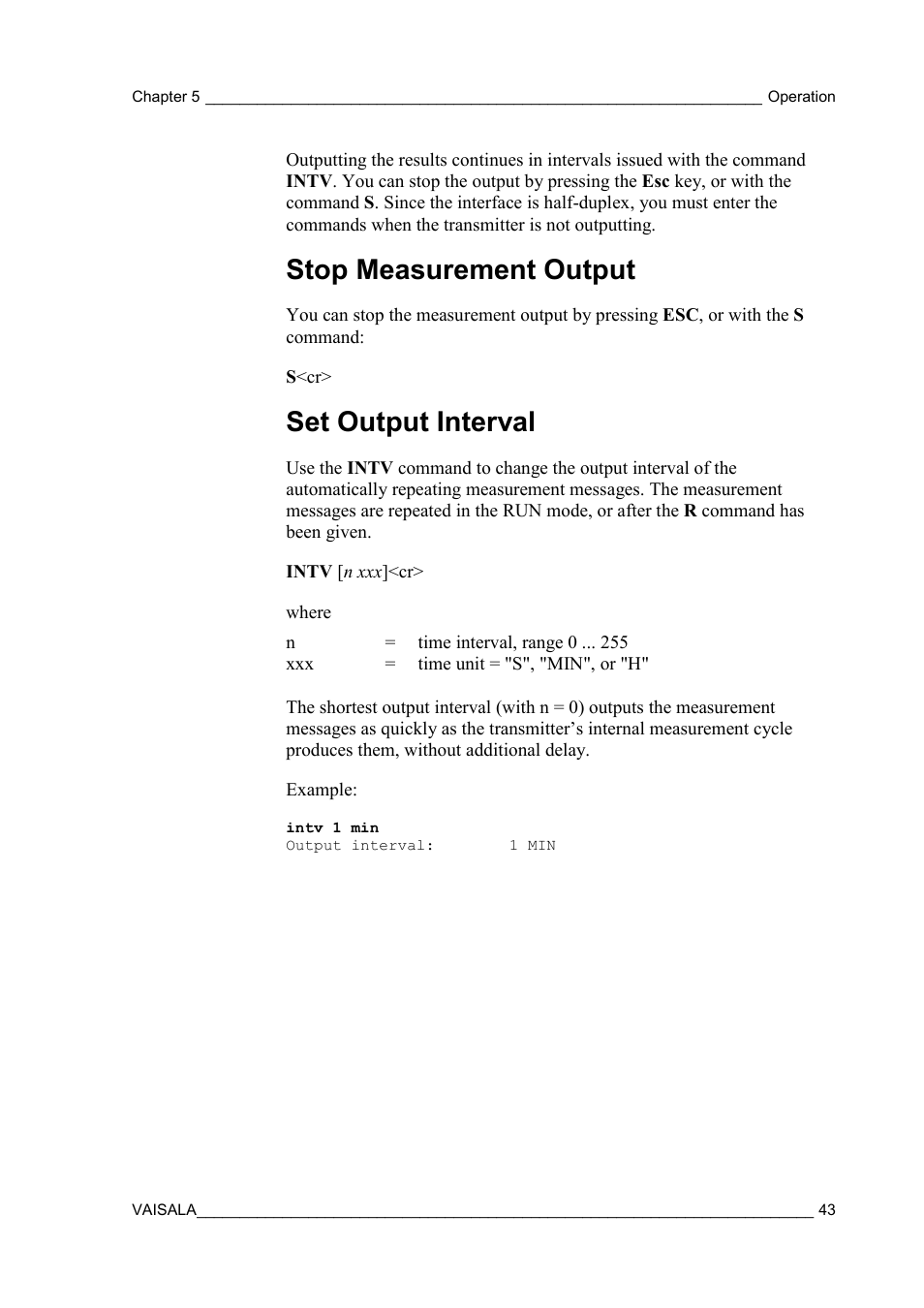 Stop measurement output, Set output interval | Vaisala DPT146 User Manual | Page 45 / 71