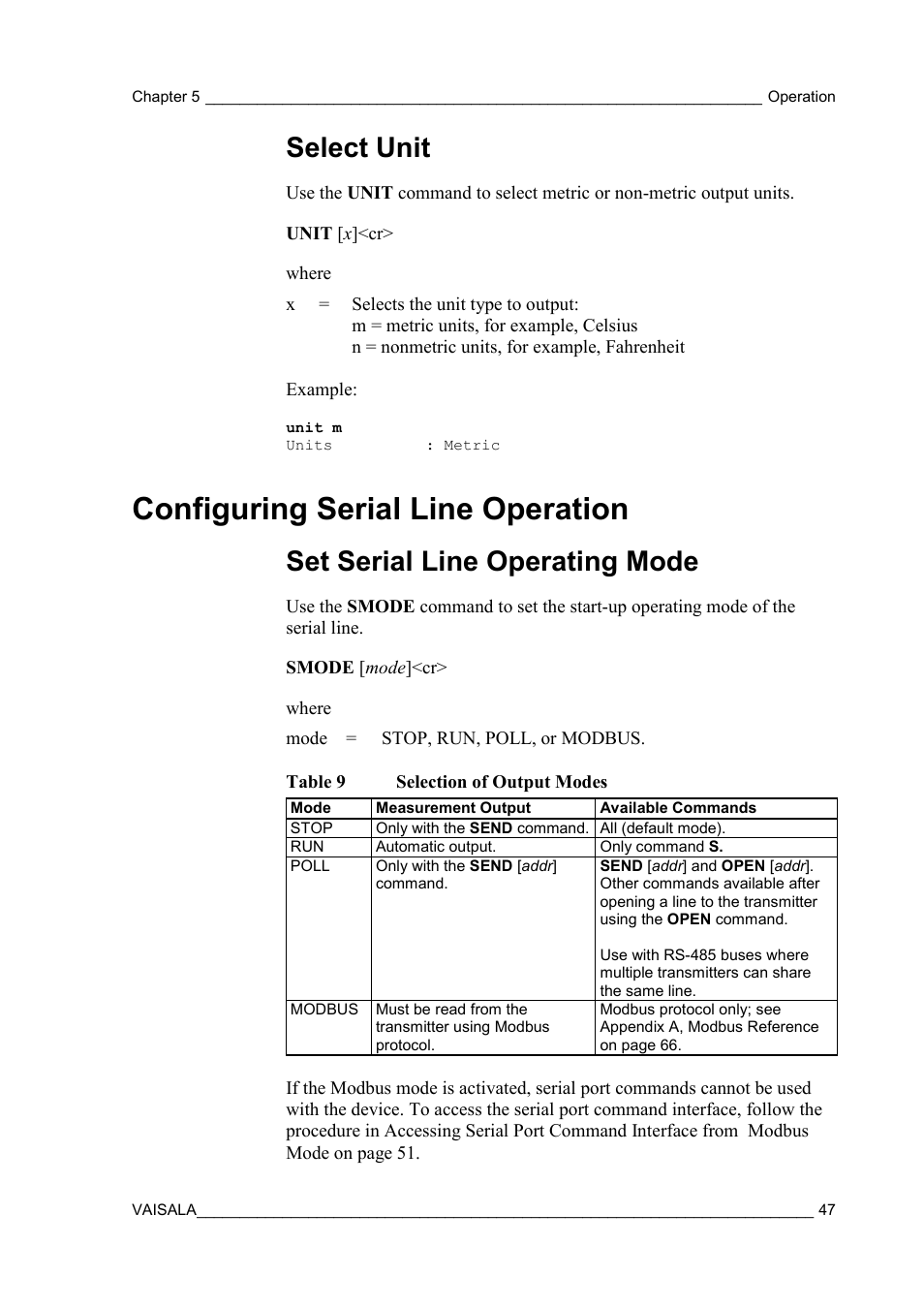 Select unit, Configuring serial line operation, Set serial line operating mode | Table 9, Selection of output modes, On set serial line operating, Mode | Vaisala DPT146 User Manual | Page 49 / 71