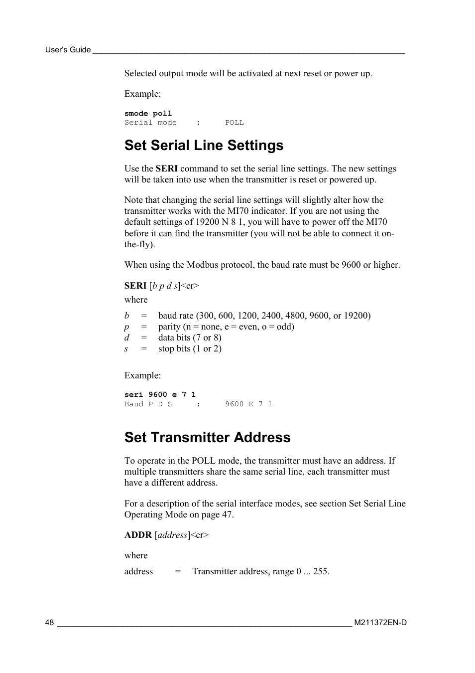 Set serial line settings, Set transmitter address | Vaisala DPT146 User Manual | Page 50 / 71