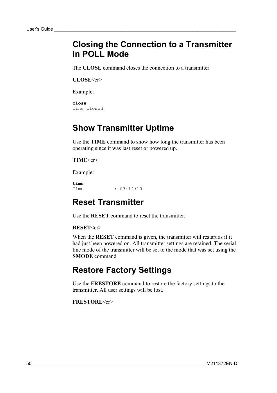 Show transmitter uptime, Reset transmitter, Restore factory settings | Vaisala DPT146 User Manual | Page 52 / 71