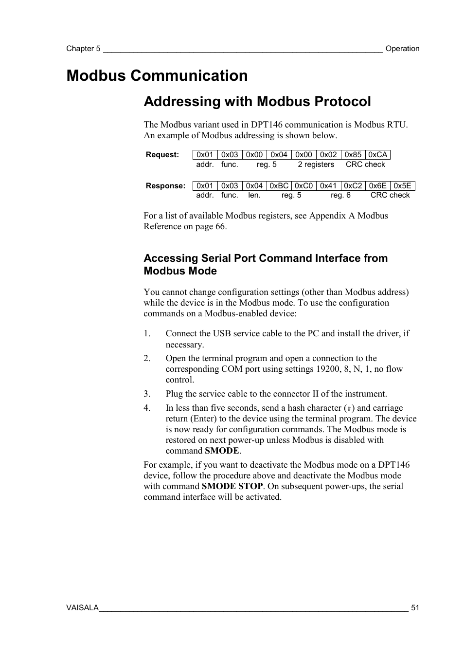 Modbus communication, Addressing with modbus protocol, Accessing serial port command interface from | Modbus mode | Vaisala DPT146 User Manual | Page 53 / 71