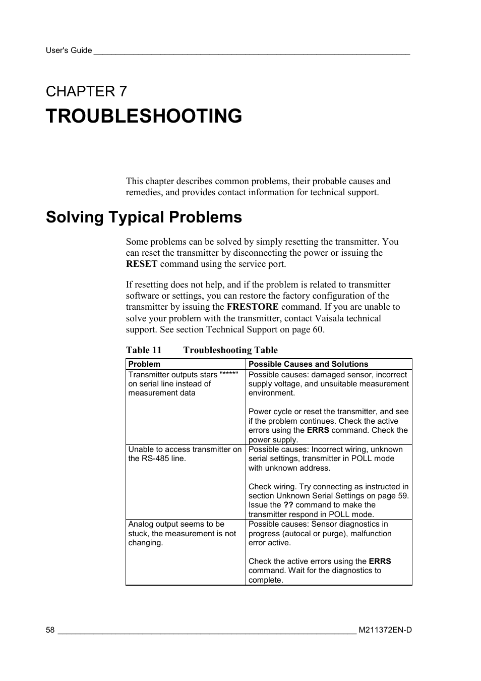 Troubleshooting, Solving typical problems, Chapter 7 | Table 11, Troubleshooting table, Chapter 7, troubleshooting | Vaisala DPT146 User Manual | Page 60 / 71