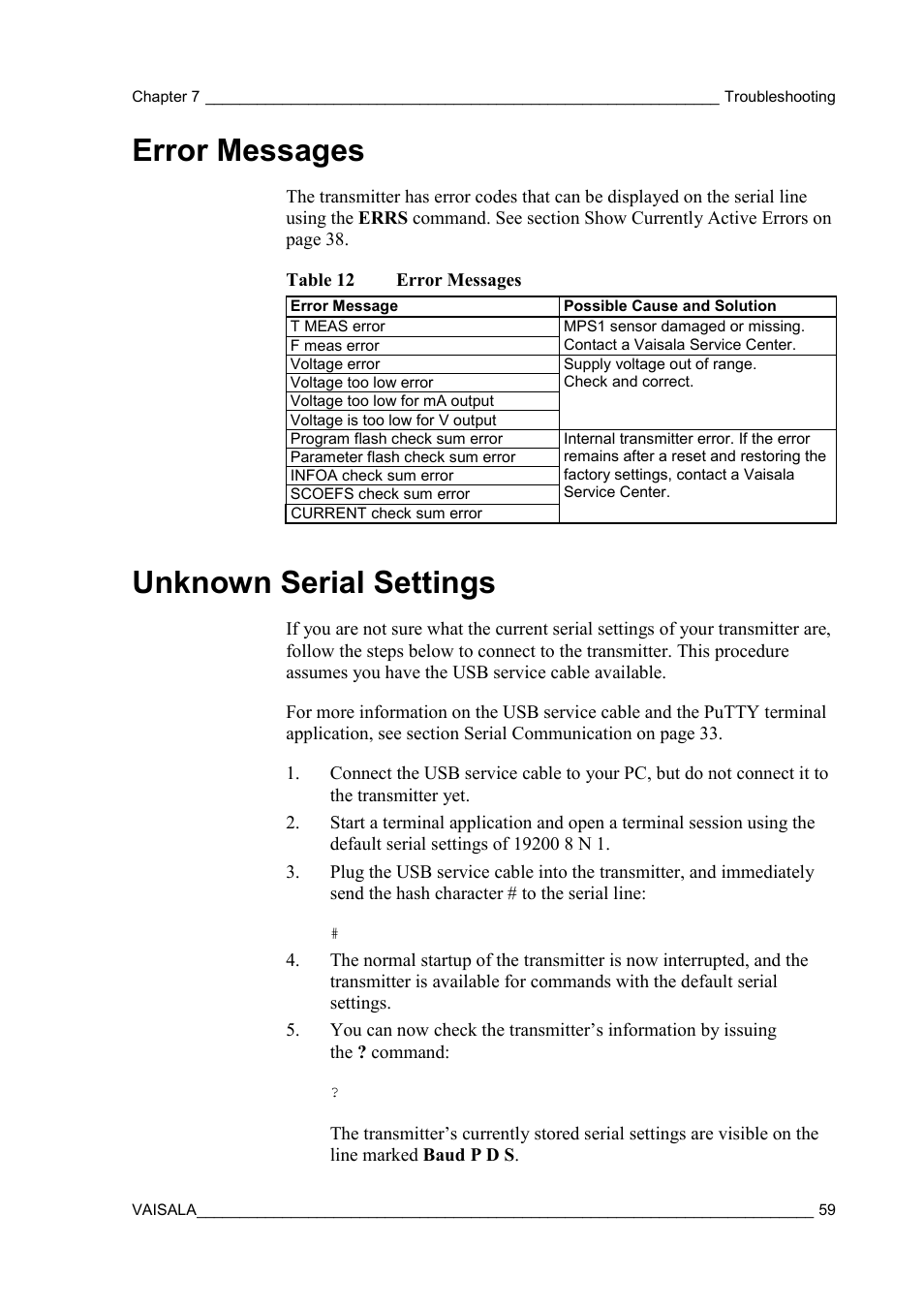 Error messages, Unknown serial settings, Table 12 | On unknown serial settings | Vaisala DPT146 User Manual | Page 61 / 71