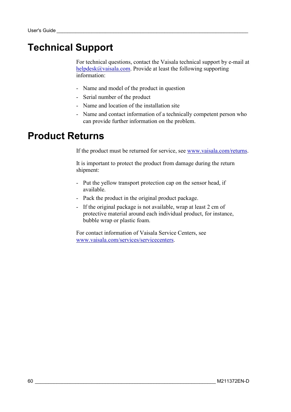 Technical support, Product returns | Vaisala DPT146 User Manual | Page 62 / 71