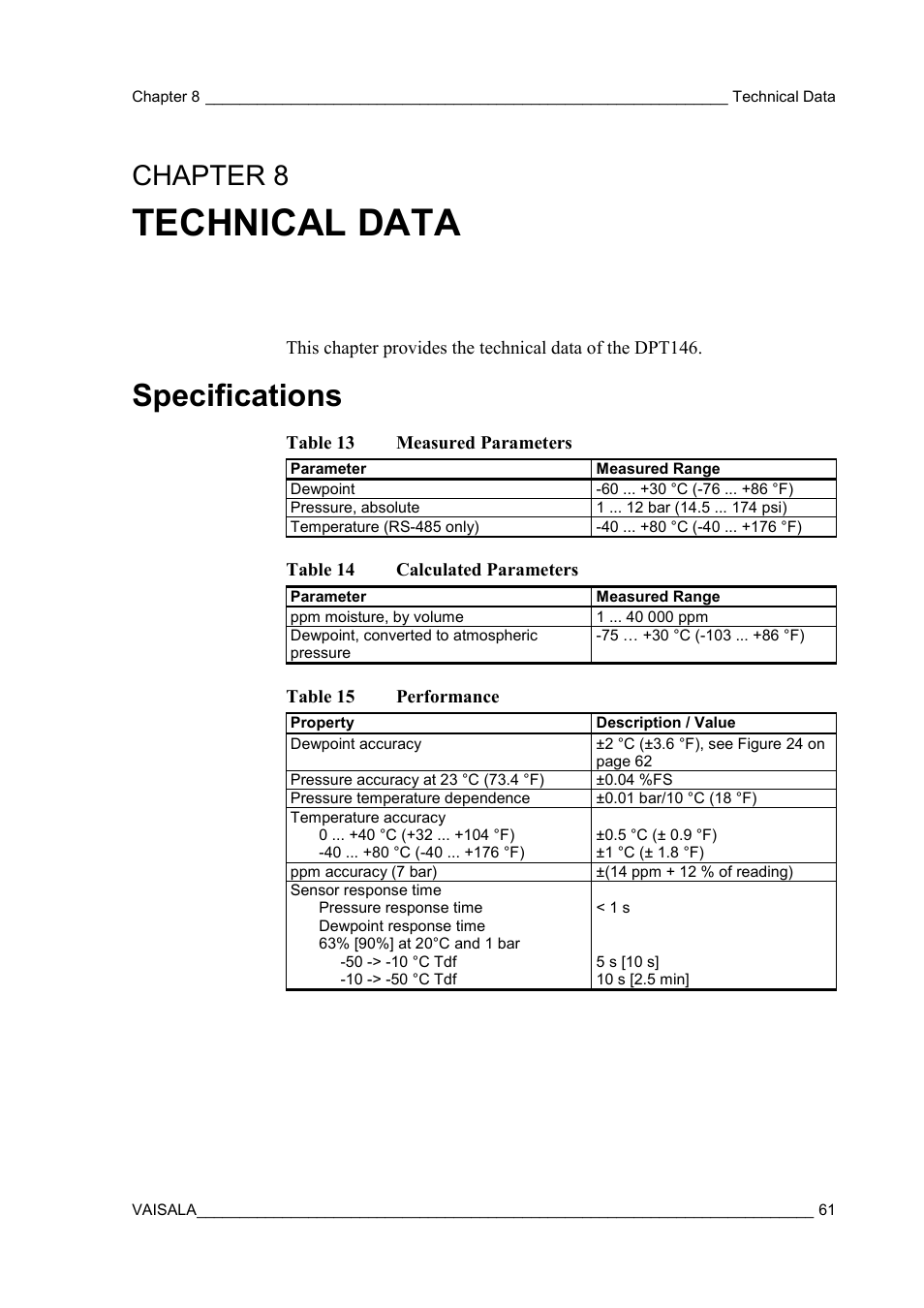 Technical data, Specifications, Chapter 8 | Table 13, Measured parameters, Table 14, Calculated parameters, Table 15, Performance, Chapter 8, technical data | Vaisala DPT146 User Manual | Page 63 / 71