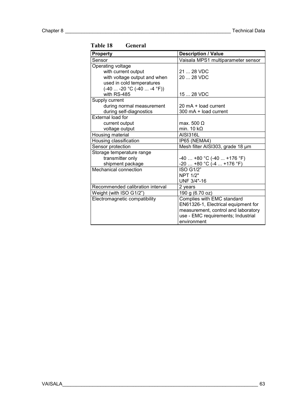 Table 18, General, Table 18 general | Vaisala DPT146 User Manual | Page 65 / 71