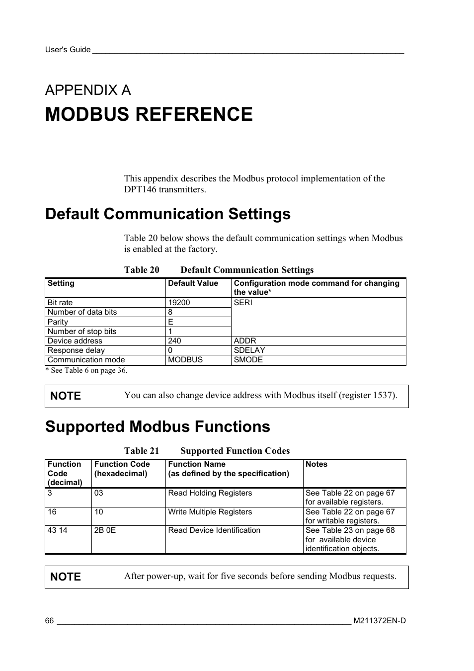 Modbus reference, Default communication settings, Supported modbus functions | Appendix a, Table 20, Table 21, Supported function codes, Appendix a, modbus reference | Vaisala DPT146 User Manual | Page 68 / 71