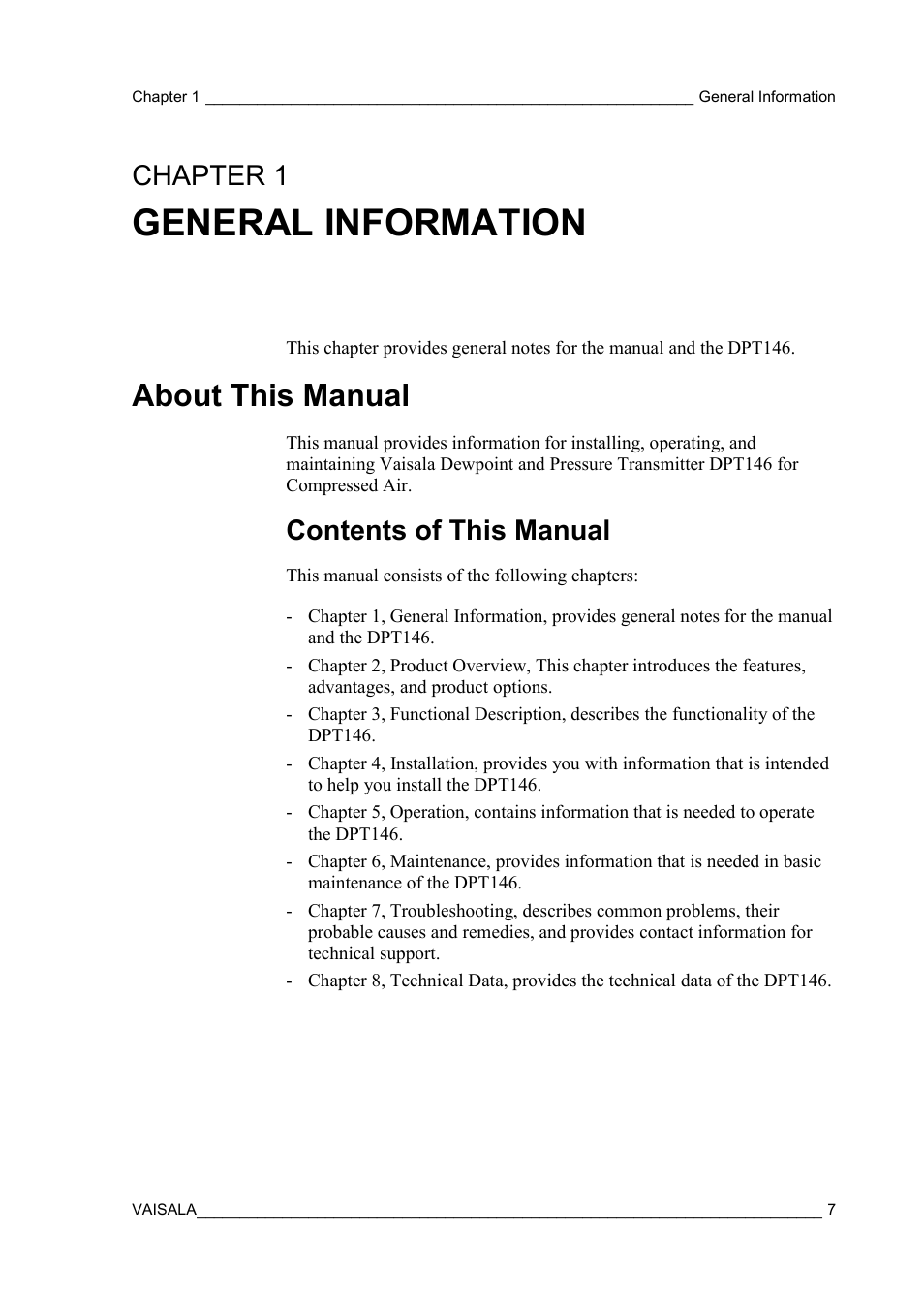 General information, About this manual, Contents of this manual | Chapter 1 | Vaisala DPT146 User Manual | Page 9 / 71