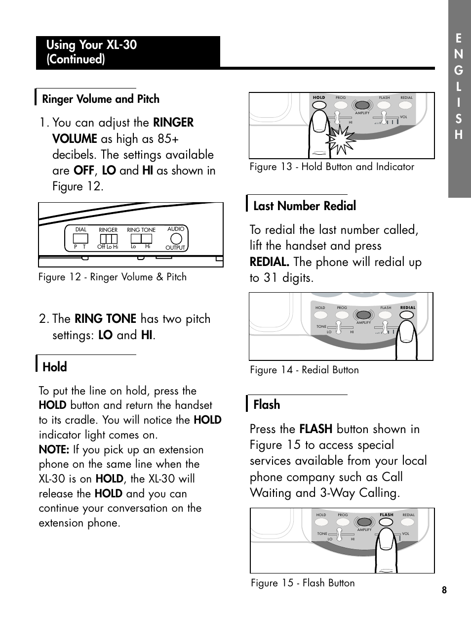 Ringer volume and pitch, Figure 12 - ringer volume & pitch, Figure 13 - hold button and indicator | Figure 15 - flash button, Figure 14 - redial button | Ameriphone DIALOGUE XL 30 User Manual | Page 14 / 28