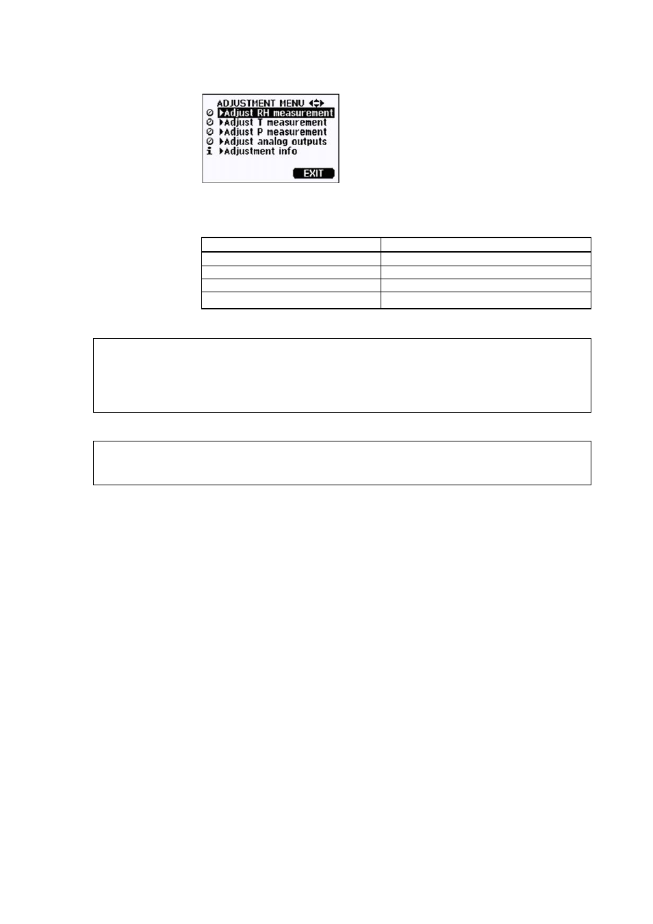 Pressure adjustment, One-point adjustment using display/keypad, Figure 75 | Adjustment menu, Table 38, Indicator led functions | Vaisala PTU300 User Manual | Page 165 / 217