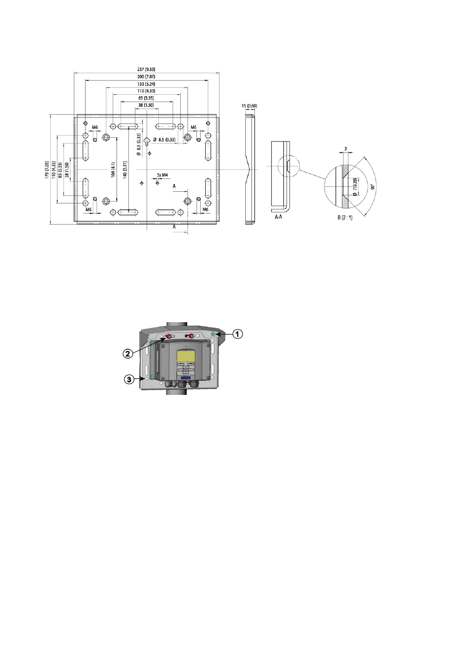 Mounting rain shield with installation kit, Figure 14, Dimensions of metal mounting plate (mm/inch) | Figure 15 | Vaisala PTU300 User Manual | Page 36 / 217