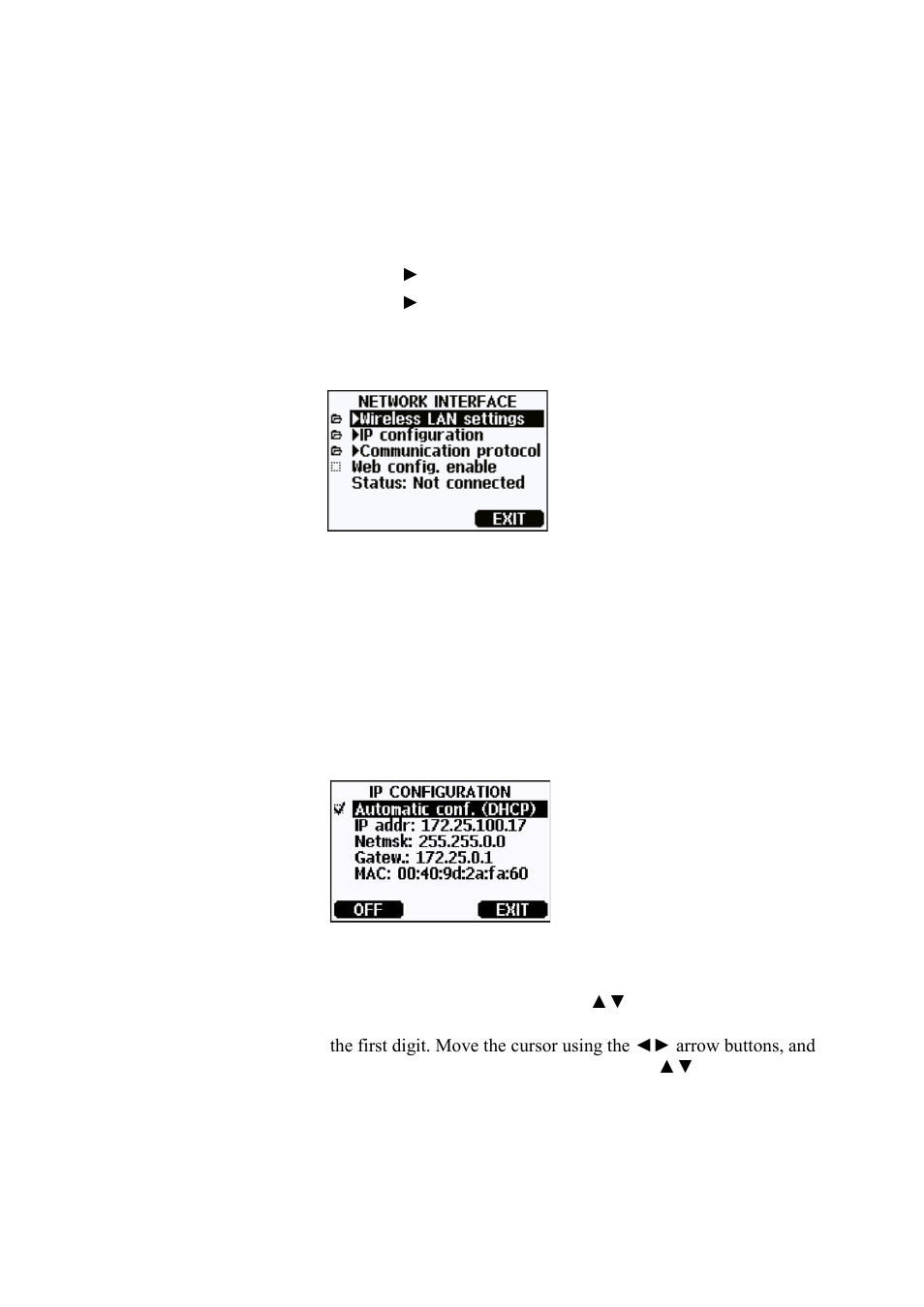 Using display/keypad, Figure 51, Network interface menu | Figure 52, Ip configuration menu | Vaisala PTU300 User Manual | Page 87 / 217