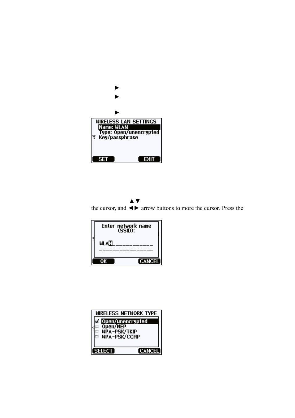 Using display/keypad, Figure 53, Wireless lan settings | Figure 54, Entering network ssid, Figure 55, Selecting the wireless network type | Vaisala PTU300 User Manual | Page 90 / 217