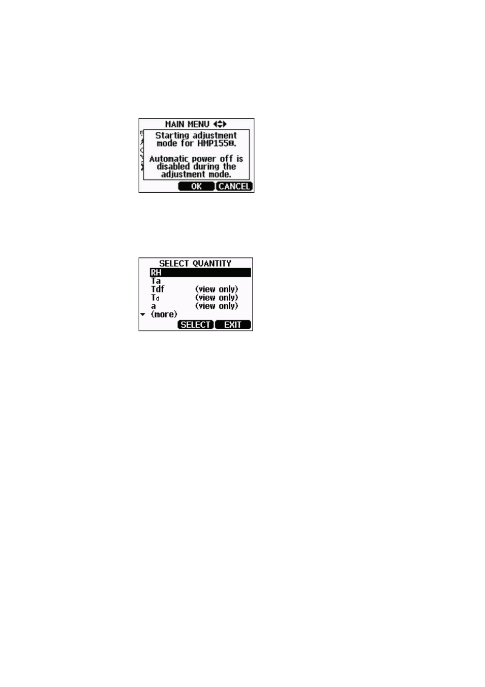 Figure 23, Starting adjustment mode for hmp155, Figure 24 | Select quantity | Vaisala PTB330TS User Manual | Page 54 / 89