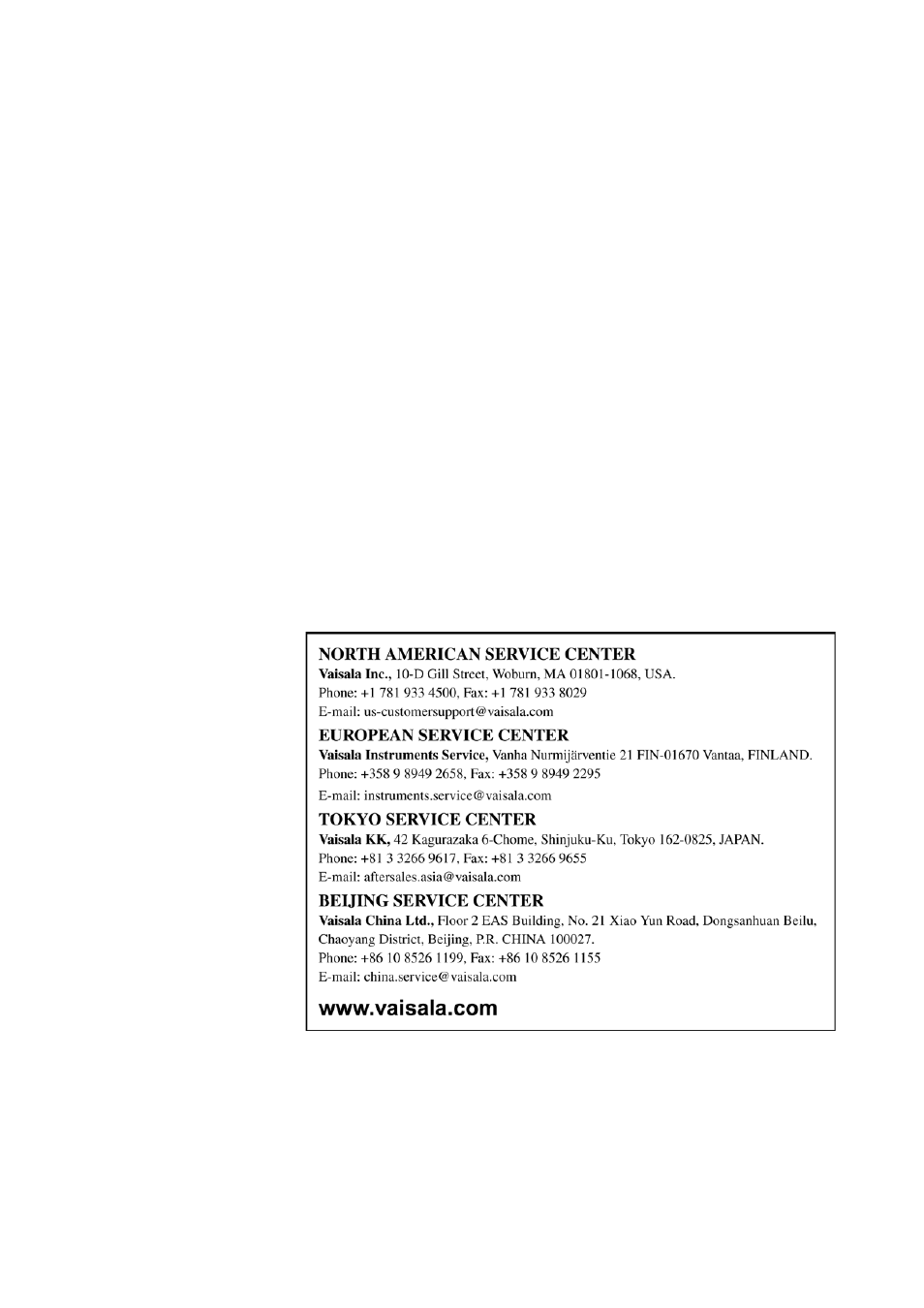 Vaisala service centers, Ried out by vaisala. see, Vaisala service | See the list of | Vaisala PTB330TS User Manual | Page 61 / 89