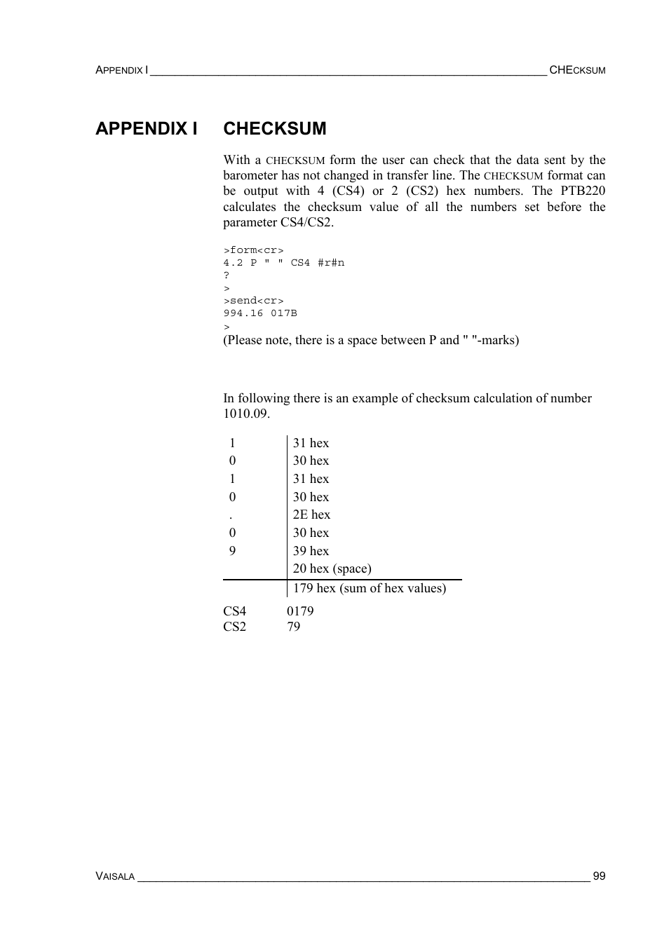 Appendix i checksum, Appendix j, Pressure tendency | Vaisala PTB220 User Manual | Page 105 / 113