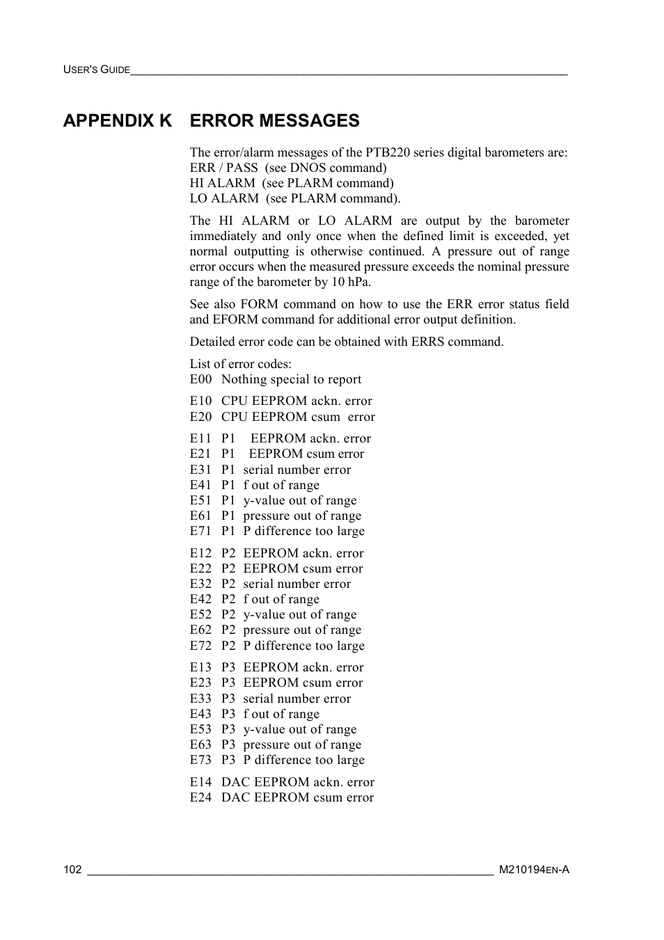 Appendix k error messages, Appendix l special emulation mode | Vaisala PTB220 User Manual | Page 108 / 113